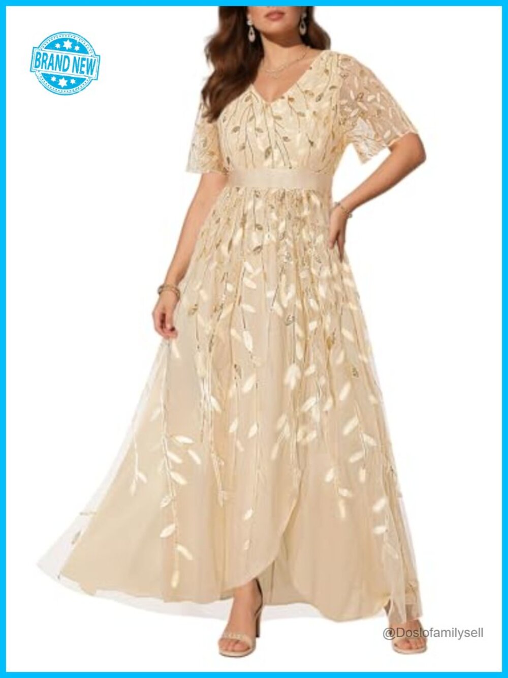 Plus Size Formal Sequin Long Prom Evening Dress V-Neck Short Sleeve